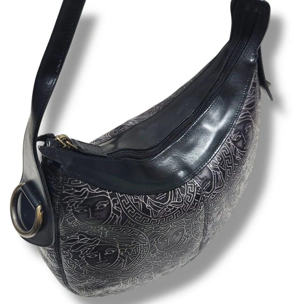 Vintage Versace Black Embossed Medusa Black Leather Women's Hobo Shoulder Bag